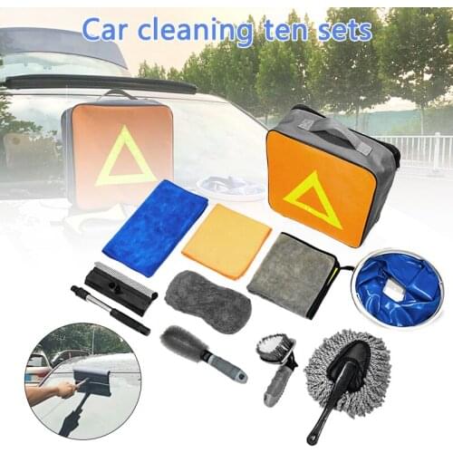10pcs Car Cleaning Tool Set With Microfiber Cloths Sponge Duster Tire Brush Window Water Squeegee Foldable Bucket Box M8617