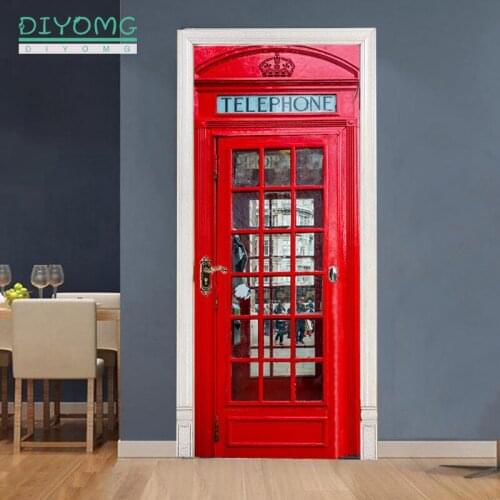 3D Door Stickers For LivingRoom DIY telephone booth self Adhesive Wallpaper Waterproof Mural Decal Pulling Door Home Decor Paste