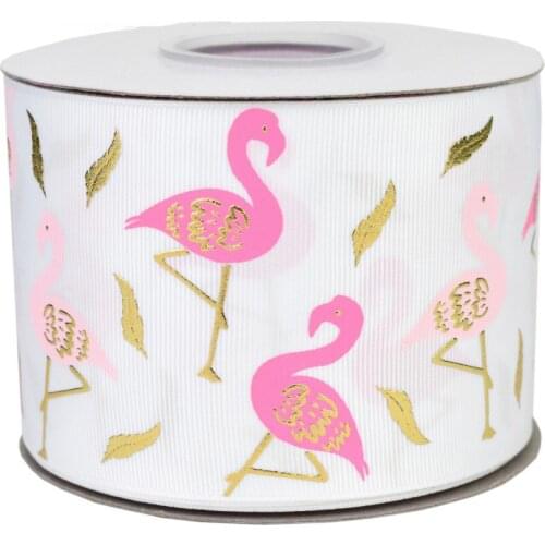 50Y/lot 75mm 3" Flamingo two color ink with gold foil on Solid Grosgrain Ribbon