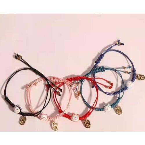 Handmade Colorful Rope Lucky Cat Bracelet For Women Girls Birthday Gifts Charm Tassel Fashion Maneki Neko Couple Bangles