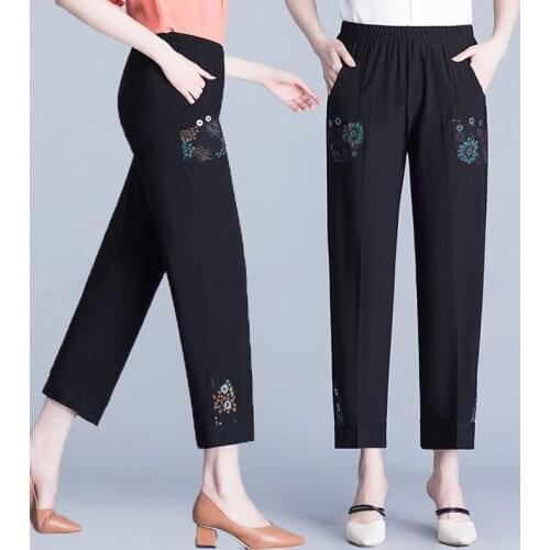 Spring Summer Thin Middle-aged Women Pants Large Size Elastic Waist Casual Straight Trousers Female Ankle-Length Pants 5XL W2352