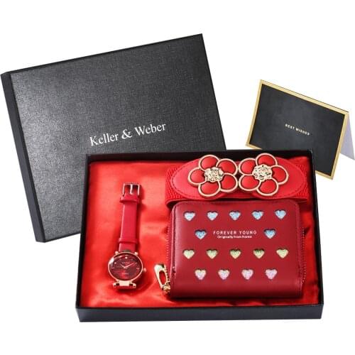 Red Quartz Watch Women Gift Set with Box Flower Belt Hollow Wallet Card Wristwatches Best Gifts for Lover Daughter Mother