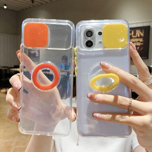 Candy Color Invisible Ring Holder Phone Case For Xiaomi Redmi Note 10 Pro Note 9 9S 9A Mi 11 Pro Slide Camera Clear Soft Cover