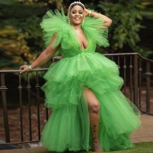 Chenxiao Tiered Green Prom Dresses Deep V Neck Short Puffy Sleeves High Slit Simple Tulle Gowns Vestidos De Festa