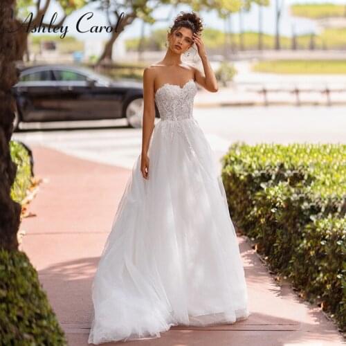 Ashley Carol A-Line Wedding Dress 2021 Delicate Beading Strapless Lace Appliques Bride Sleeveless Beach Tulle Bridal Gown