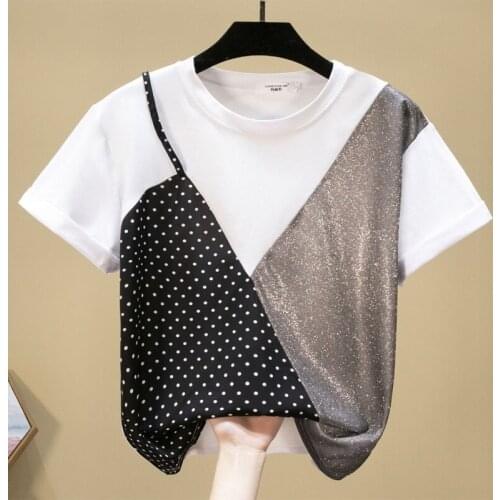 T-shirt Women Short Sleeve T Shirt 2020 Summer Womens Shirt Fashion Bright Silk Stitching Top Plus Size Women Clothing