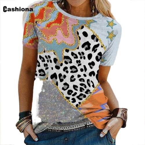 Cashiona Sexy Leopard Print Tees Shirt Plus Size WomenT-shirt Latest 2021 Summer Patchwork Tops Casual Pullovers Femme 3XL