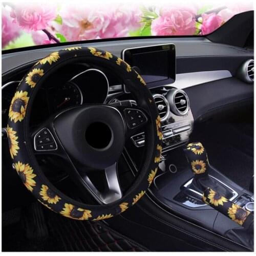 3 Pcs Four Season Sunflower Printed Car Steering Wheel Cover Gearshift Handbrake Cover Auto Decoration Car Styling Universal