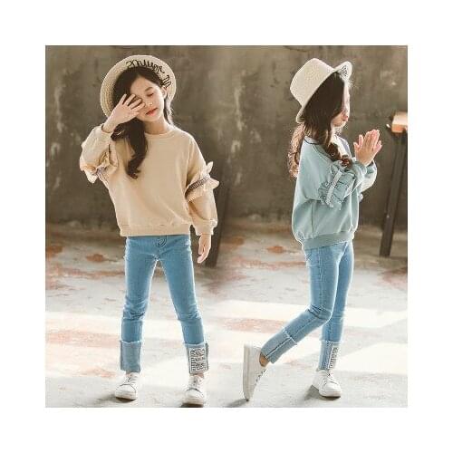 Girls Clothes Sets Autumn long Lace Sleeve Coat +Denim Jeans Pants 2pc Suits Girls Casual Clothes Sets Tracksuit Girls Clothing
