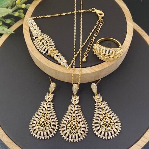 Lanyika Fashion Jewelry Set Hollow Peento Zirconia Micro pave Necklace with Earrings, Bracelet and Ring for Woman Banquet Gifts