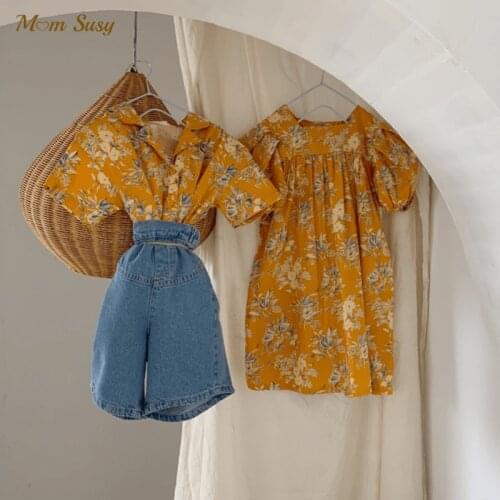 Fashion Brother Sister Dress Shirt Floral Baby Girl Boy Short Sleeve Dress Shirt Outfit Summer Baby Casual Clothes 1-10Y