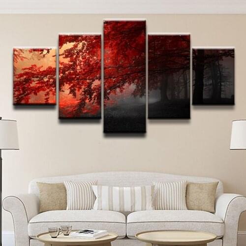 Decor Modular Pictures Home Decor 5 Panel Fall Forest Grey Red Tree Paintings On Canvas Posters And Prints Pictures On The Wall
