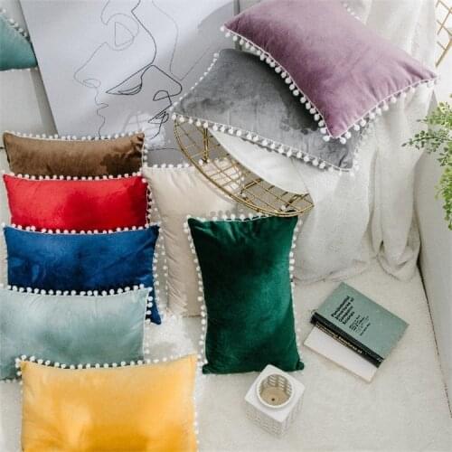 Grey Green Cute Pompom Ball Pillow Cover Solid Cushion Cover Soft Velvet Home Decorative 45x45cm/30x50cm for Sofa Bed Chair