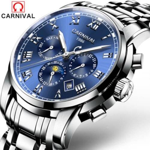 Original brand CARNIVAL Calendar luminous watch men moon phase automatic mechanical watches full steel waterproof clock montre