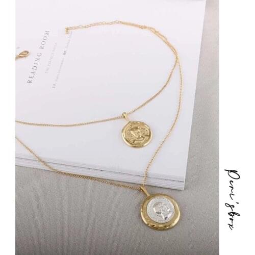PerisBox Gold Sliver Color Double Portrait Chokers Necklaces Coin Disc Layered Pendant Choker Bohemia Necklaces Femme Jewelry