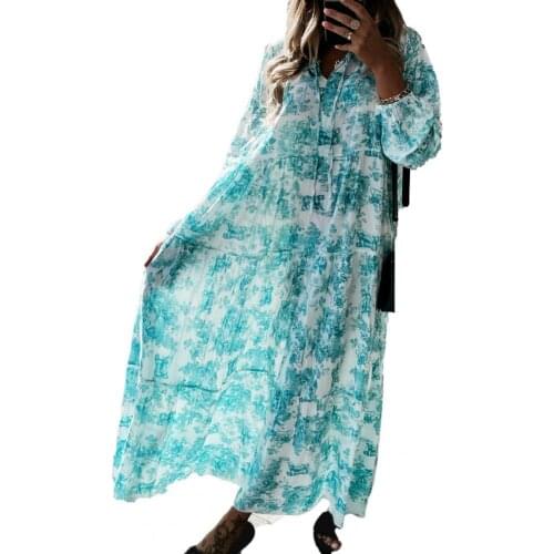 Maxi Dress Women Fashion Tree Animal Print V Neck Female Sundress Ruffled Hem Long Sleeve Lace-up Office Lady Dress платье