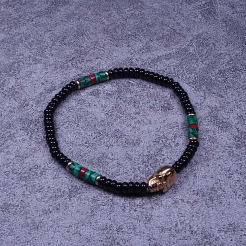 POHIER Onyx Beads The Heishi Bead Collection Gold Color Skull Charm Bracelet For Man Woman Jewelry