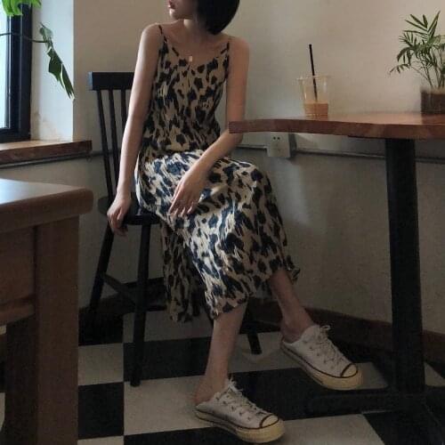 Dresses Woman Summer 2021 Ink Smudge Painting Print Wrinkled Suspender Long Dress V-neck Spaghetti Strap Mid-length Dress Vestid