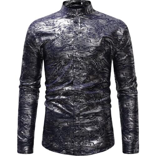 Men’s Luxury Bronzing Night Club Shirt Men Casual Mandarin Collar Long Sleeve Shirts Mens Party Social Shirt Male Chemise Homme