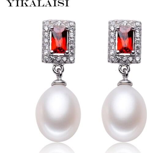 YIKALAISI 2017 Pearl Jewelry Earrings Pearl For Women 925 sterling silver Jewelry Square Rubine Vintage Style Earrings Wedding