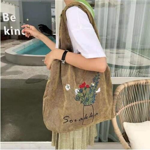 Women Corduroy Shoulder Bag Ladies Embroidery Canvas Shopping Bags Female Eco Cotton Cloth Handbag Foldable Tote Large Capacity