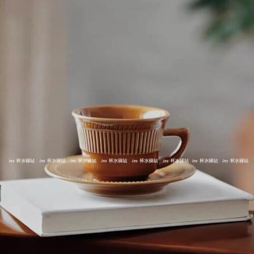 Retro Vintage Coffee Cup Minimalist Embossing English Tea Coffee Cup Set Saucer Display Tazas Desayuno House Decoration EI50BD