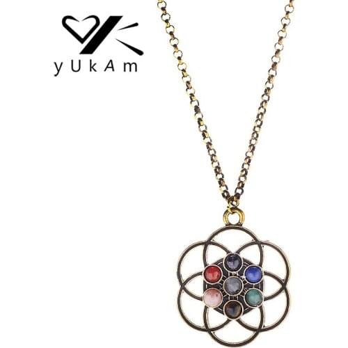 YUKAM Jewelry Hollow Gold Mandala Flower of Life Necklaces 7 Chakra Stones Reiki Healing Buddha Yoga Sacred Necklaces for Women