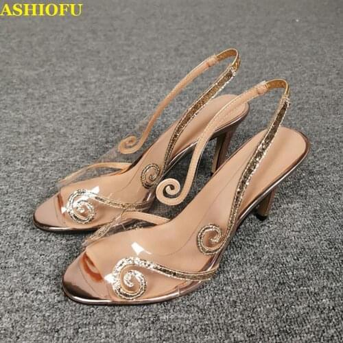 ASHIOFU Real Photos Ladies High Heel Sandals PVC Leather Party Prom Summer Shoes Peep-toe Slingback Casual Evening Fashion Shoes