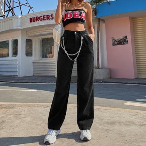 2021 Trendy Black Jeans Denim Pants With Metal Chain Women High Waist Baggy Straight Pants Casual Wide Leg Trouser Streetwear