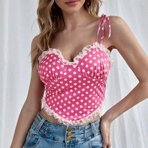 Women Summer Tank Tops Dot Spaghetti Straps V-Neck Lace Trim Vest with Back Zipper for Girls Red White
