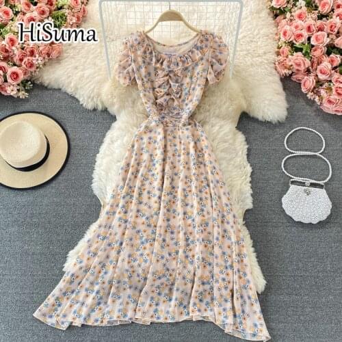 2021 summer new women o-neck puff sleeve ruffles flower print chiffon A-line dress female Chic elegant waist party dresses