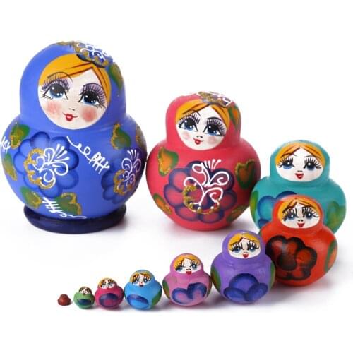 10pcs Wood Russian Nesting Dolls Matryoshka Dolls Hand Paint Blue Girls Pattern Kids Gifts Crafted Doll Home Desktop Ornament