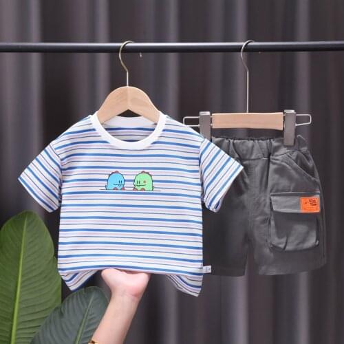 Cute Toddler Boy Summer Set 2021 New Cartoon Stripe Cotton T-Shirt + Pants 2pc for Kid Baby Boys Clothes Kids Tracksuits
