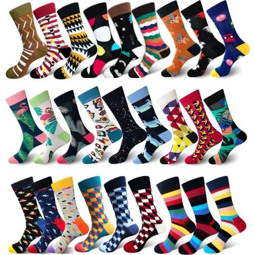 2020 Brand Quality Mens Happy Socks 27Colors Striped Plaid Diamond Flamingo Socks Men Combed Cotton Calcetines Largos Hombre