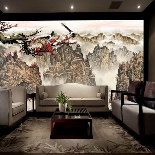 Beibehang mural wallpaper decoration mountain landscape flowers and birds living room TV background wallpaperr 3d wall paper