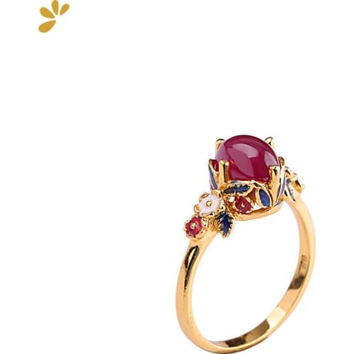 925 Sterling Silver Gemstone Cloisonne Colour Handmade Craft Ruby Ring Women Fine Jewelry Luxury Trendy Ring Party Engagement