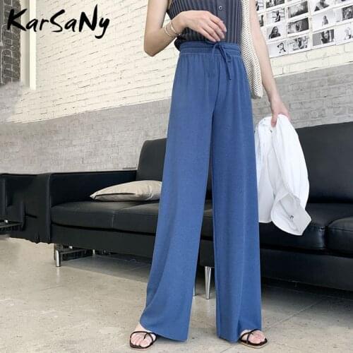 Summer Women Pants Wide Leg Trousers Ladies Thin Lace Up High Waist Loose Pants For Women Summer Ice Silk Wide Leg Pant Femme