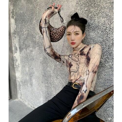 Totem Print High-Neck Long Sleeve Womens T Shirts Spring and Autumn 2021 New Knitted Bodycon Ladies Tops Fashion