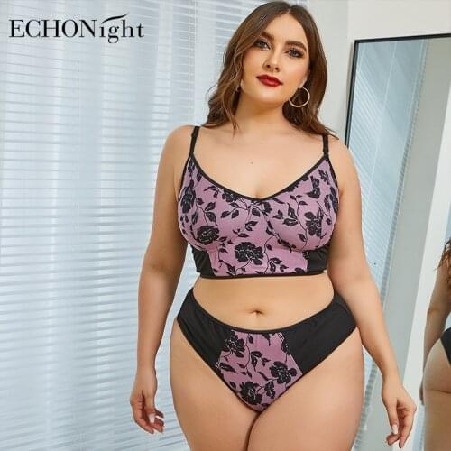 Echonight XL-4XL Floral Underwear Set Sexy Plus Size Lingerie Set Push up Bra and High Waist Panties Purple Bra Set Wholesale