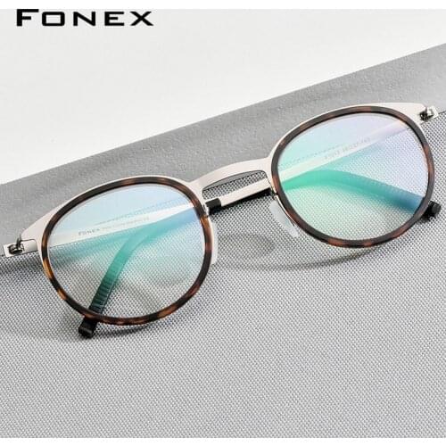 FONEX Acetate Alloy Eyeglasses Frame Men Women Vintage Round Myopia Optical Prescription Glasses Screwless Korean Eyewear F1012