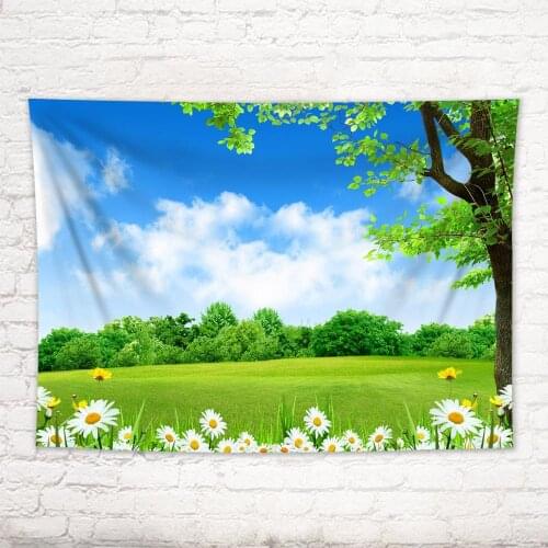 Natural Scenery Tapestry Green Grass Meadow Tree Flowers Spring Landscape Tapestry Wall Hanging Bedroom Living Room Dorm Decor