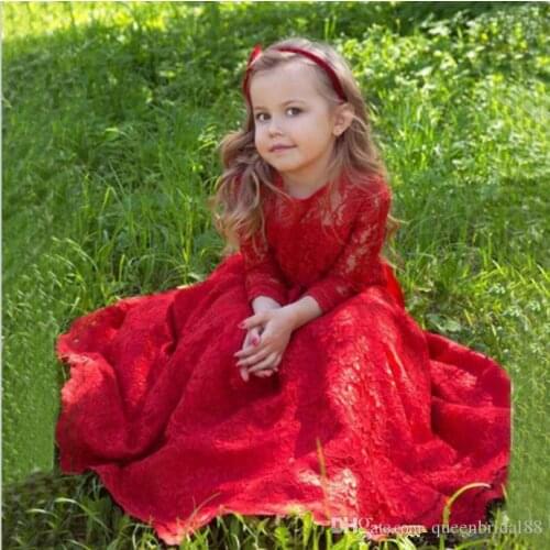 Lace Red A Line Mother and Daughter Wedding Flower Girl Dress with Bow Long Sleeve Sweep Train Princess Party Birthday Gowns