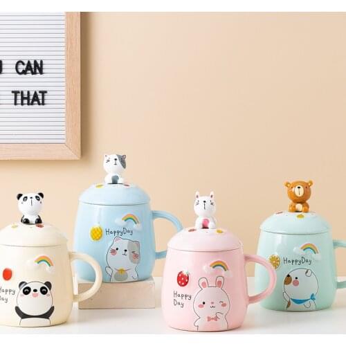 Animal Microwave Cartoon Cup 500ML Mug with Lid Spoon Simple Ceramic Simple Water Cup Korean Style Creative Coffee Mug Cup