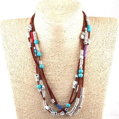 MOODPC Fashion Brown Rope Metal Charm And Stone Beads Chokers Necklaces Women Ethnic Necklace