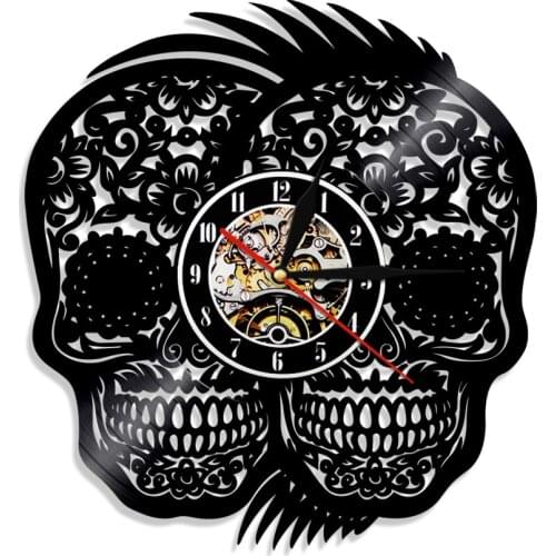 Dia de Muerto Floral Skulls Vinyl Record Wall Clock Day of the Dead Sugar Skull Spirit Handicraft Clock Wall Watch Home Decor