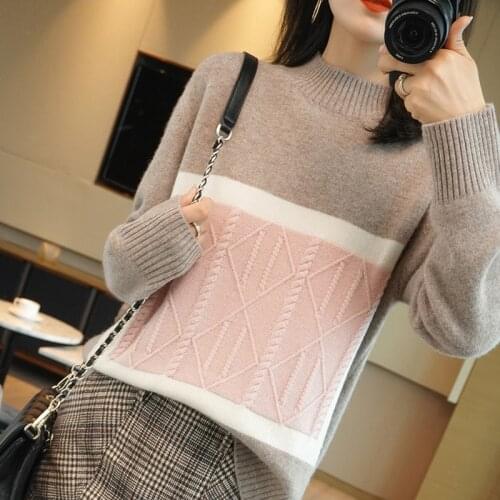 2020 New Cashmere Sweater Womens High-Neck Color Matching 100% Pure Wool Pullover Fashion Plus Size Warm Knitted Bottoming Shir