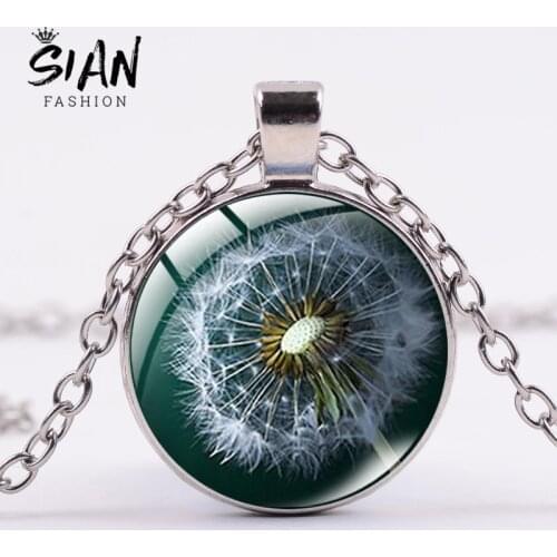 SIAN Natural Dandelion Flower Necklace Make a Wish Dandelion Art Picture Crystal Silver Color Pendant Handmade Delicate Necklace