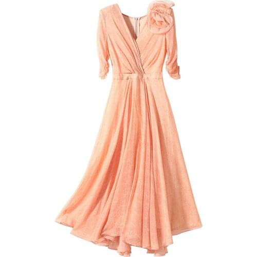 V-Neck Dress Summer Women 2021 New High Quality 100% Silk Slim A-Line Natural Waist Elegant Dress Midi S-XL