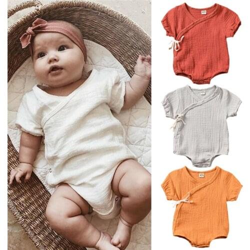 Casual Newborn Baby Boys Girl Solid Bodysuit Solid Cotton and Linen Playsuits Unisex Baby Short Sleeve V-Neck Sunsuits 0-18M