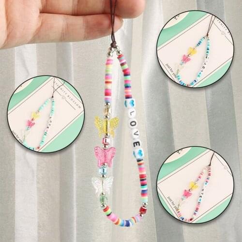 1PC Mobile Phone Cord Colorful Beads Acrylic Butterfly Hanging Chain Hold Straps Fashion Handmade Gift Ornament DIY Accessories